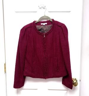 Cabi Blazer Cropped Bouclé Jacket, Burgundy Jacket, Fringe Trim, Women's Size 4